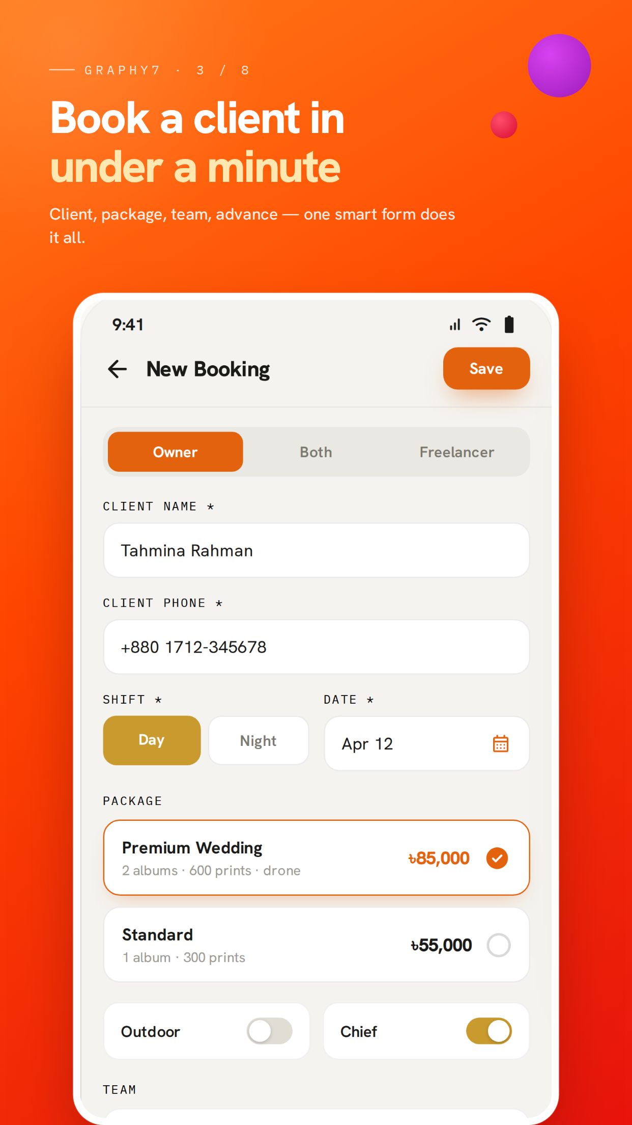 Graphy7 Booking flow screen